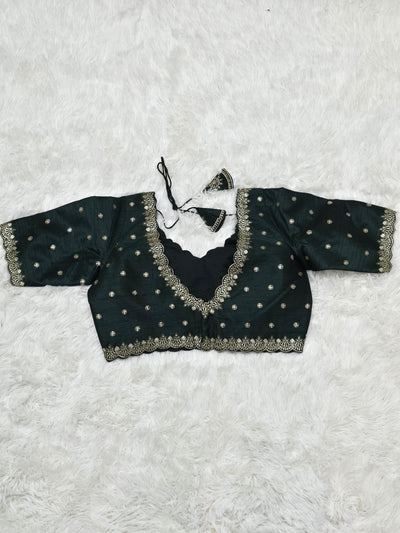 Bottle Green Embroidered Silk Readymade Blouse – V-Neck Design with Zari & Mirror Work