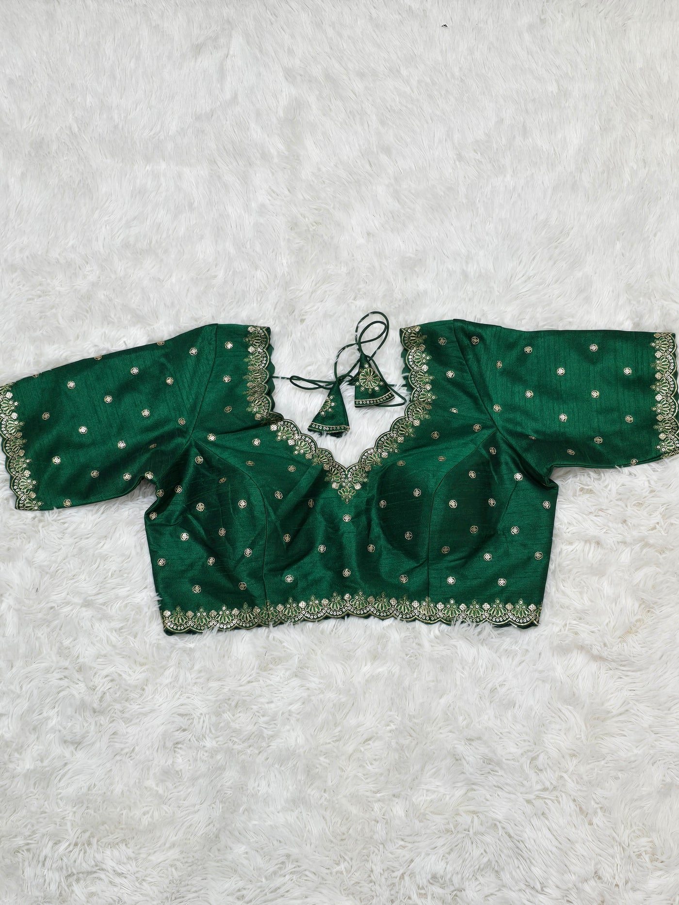 Emerald Green Embroidered Silk Readymade Blouse – V-Neck Design with Zari & Mirror Work
