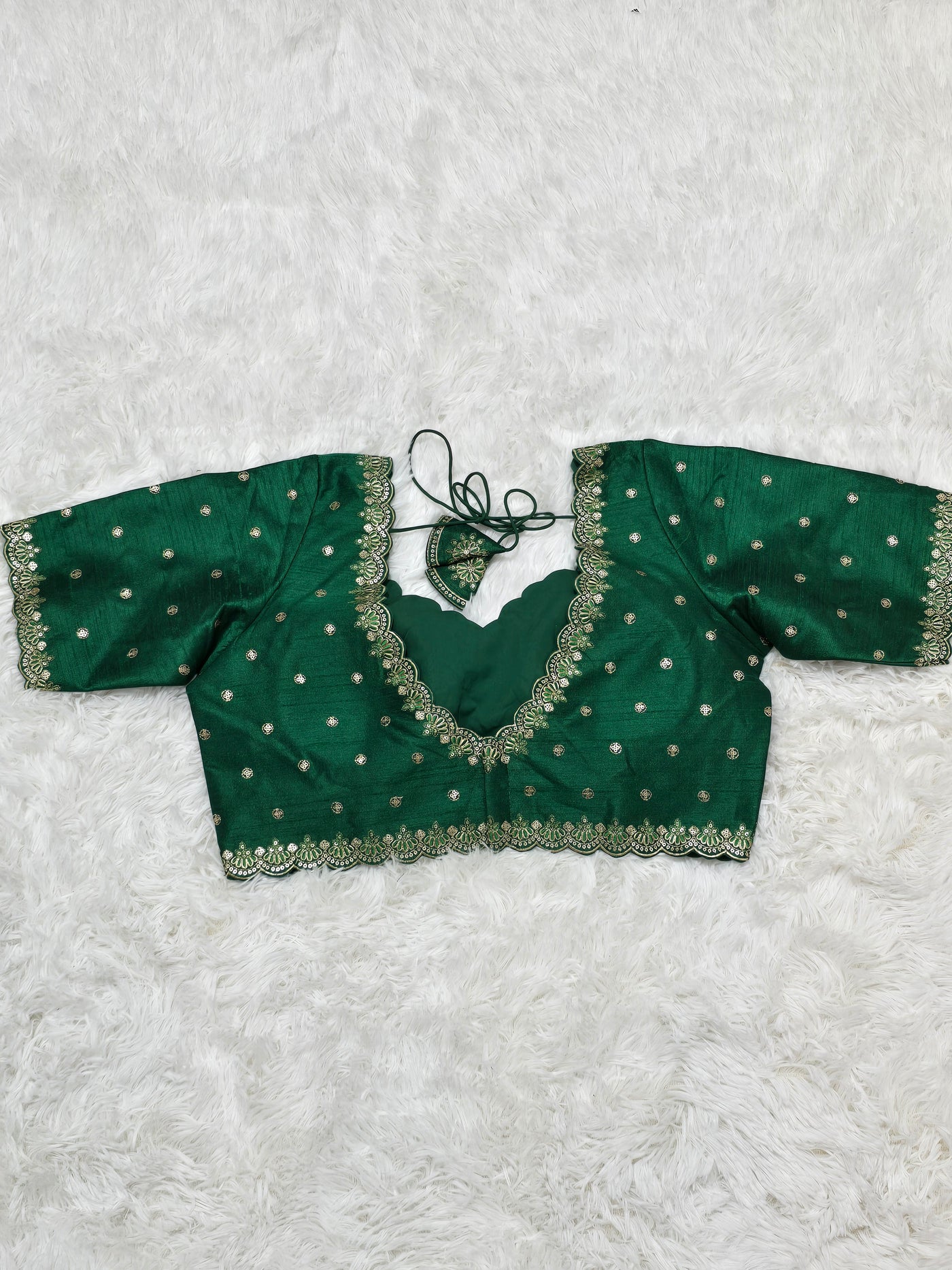 Emerald Green Embroidered Silk Readymade Blouse – V-Neck Design with Zari & Mirror Work