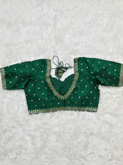 Emerald Green Embroidered Silk Readymade Blouse – V-Neck Design with Zari & Mirror Work