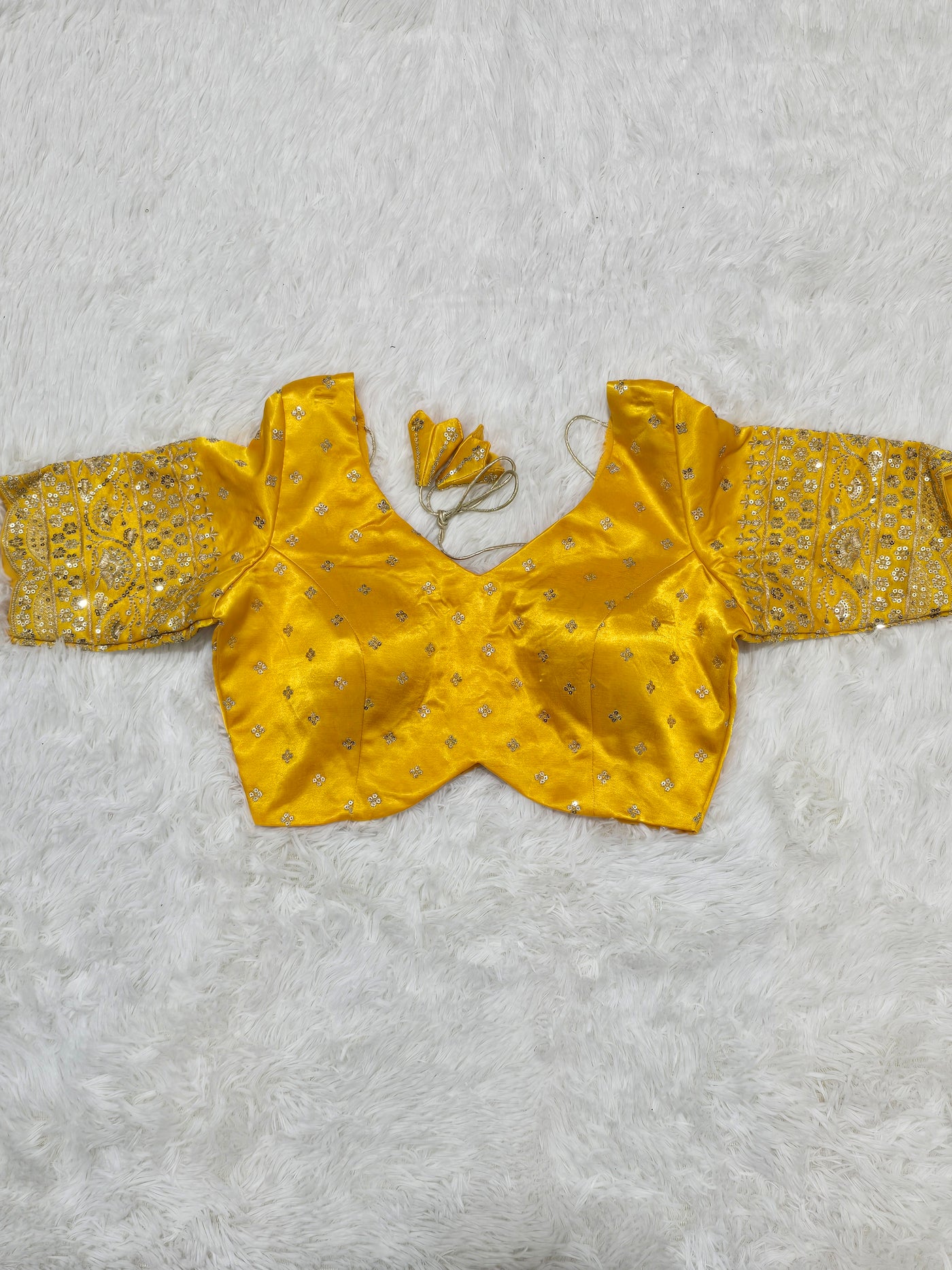 Mustard Yellow Embroidered Silk Readymade Blouse – Leaf Neck Design with Sequin & Zari Work Sleeves