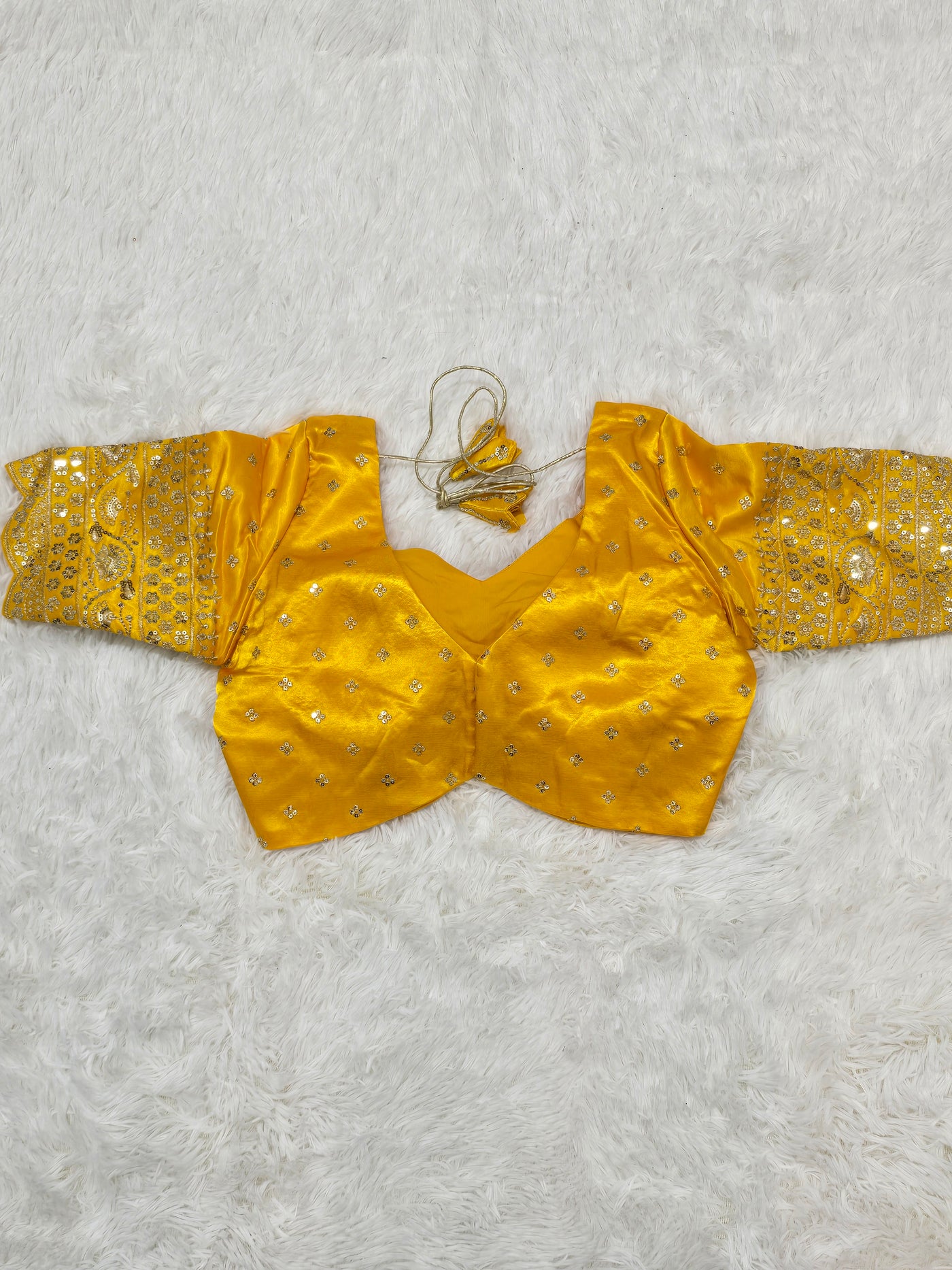 Mustard Yellow Embroidered Silk Readymade Blouse – Leaf Neck Design with Sequin & Zari Work Sleeves