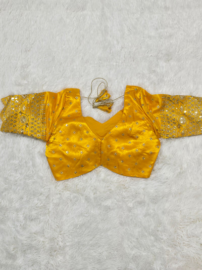 Mustard Yellow Embroidered Silk Readymade Blouse – Leaf Neck Design with Sequin & Zari Work Sleeves
