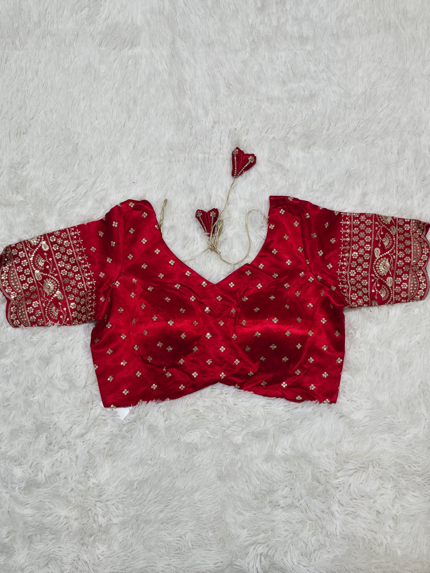Red Embroidered Silk Readymade Blouse – Leaf Neck Design with Heavy Zari & Sequin Work Sleeves