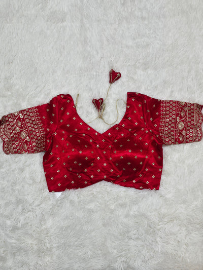 Red Embroidered Silk Readymade Blouse – Leaf Neck Design with Heavy Zari & Sequin Work Sleeves
