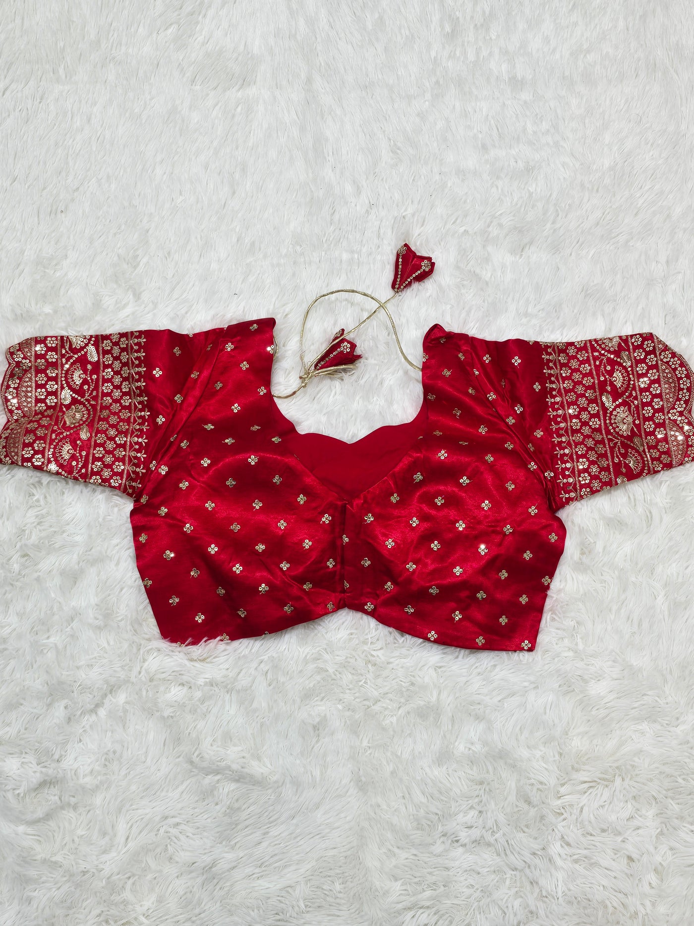 Red Embroidered Silk Readymade Blouse – Leaf Neck Design with Heavy Zari & Sequin Work Sleeves