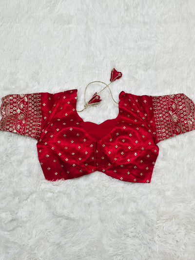 Red Embroidered Silk Readymade Blouse – Leaf Neck Design with Heavy Zari & Sequin Work Sleeves