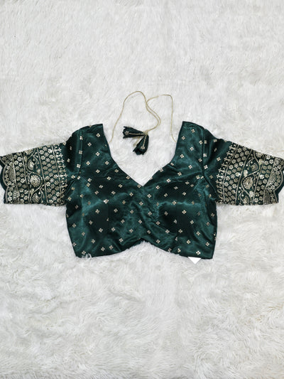 Bottle Green Embroidered Silk Readymade Blouse – Leaf Neck Design with Zari & Sequin Work Sleeves