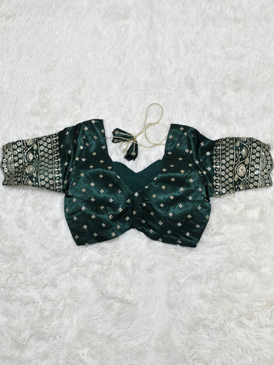 Bottle Green Embroidered Silk Readymade Blouse – Leaf Neck Design with Zari & Sequin Work Sleeves