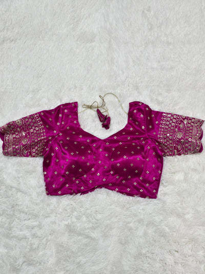 Magenta Embroidered Silk Readymade Blouse – Leaf Neck Design with Zari & Sequin Work Sleeves