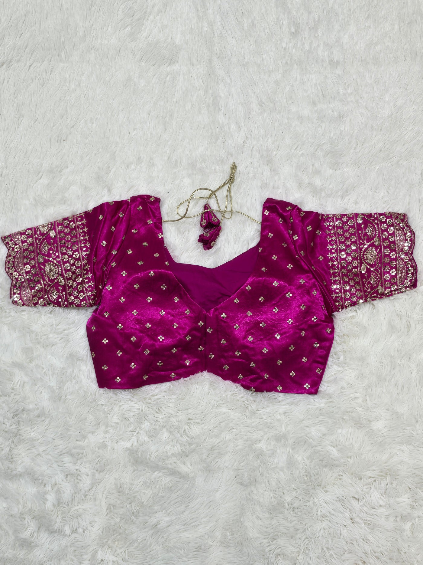 Magenta Embroidered Silk Readymade Blouse – Leaf Neck Design with Zari & Sequin Work Sleeves