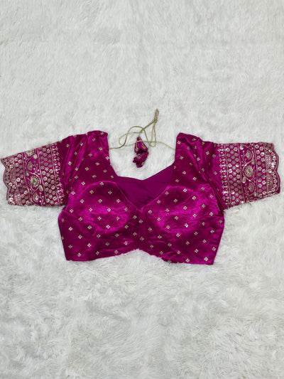 Magenta Embroidered Silk Readymade Blouse – Leaf Neck Design with Zari & Sequin Work Sleeves