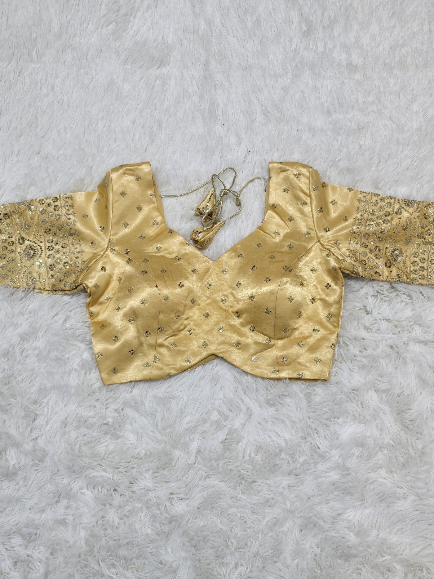 Gold Embroidered Silk Readymade Blouse – Leaf Neck Design with Heavy Zari & Sequin Work Sleeves