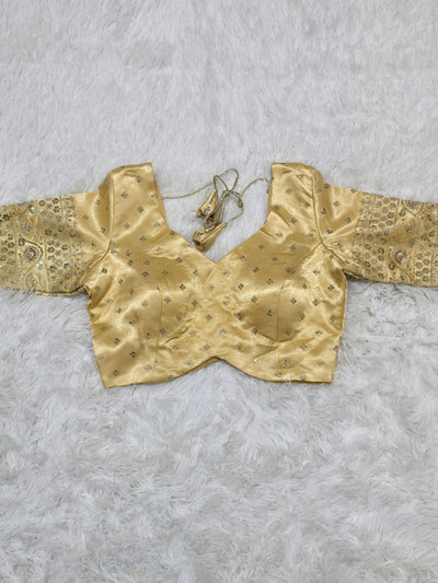 Gold Embroidered Silk Readymade Blouse – Leaf Neck Design with Heavy Zari & Sequin Work Sleeves