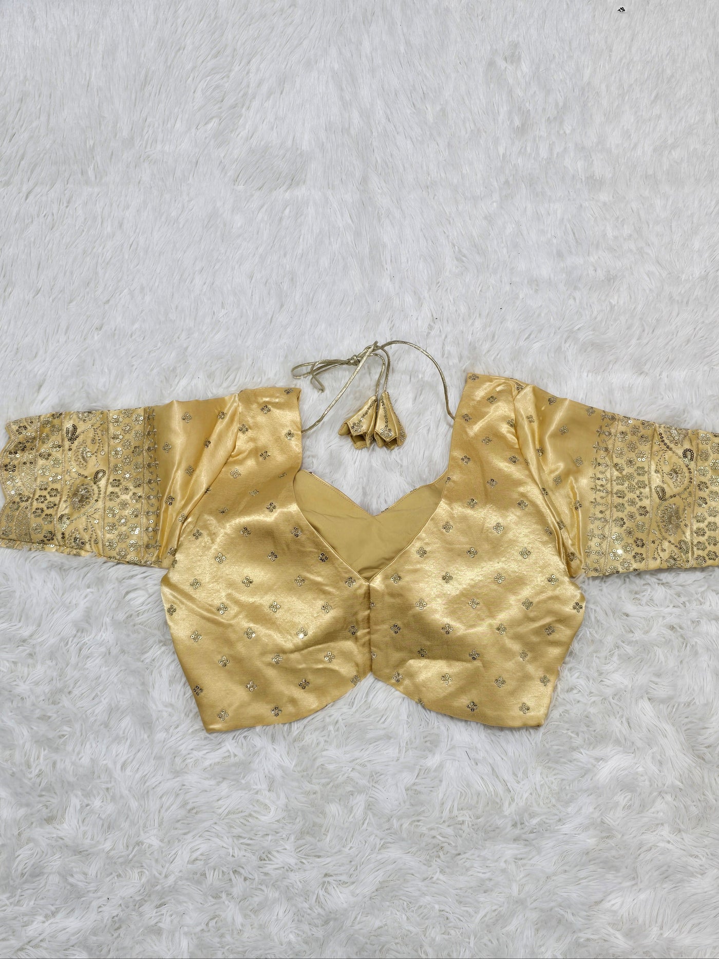 Gold Embroidered Silk Readymade Blouse – Leaf Neck Design with Heavy Zari & Sequin Work Sleeves