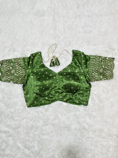 Parrot Green Embroidered Silk Readymade Blouse – Leaf Neck Design with Zari & Sequin Work Sleeves