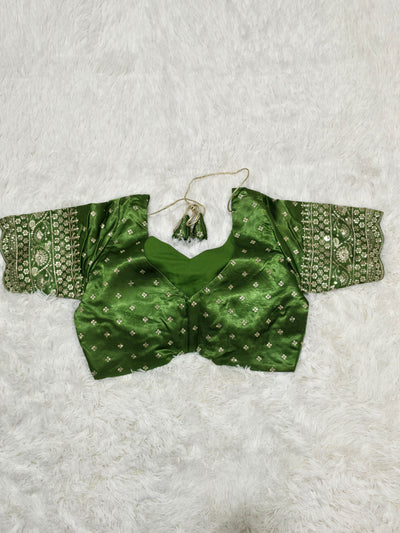Parrot Green Embroidered Silk Readymade Blouse – Leaf Neck Design with Zari & Sequin Work Sleeves