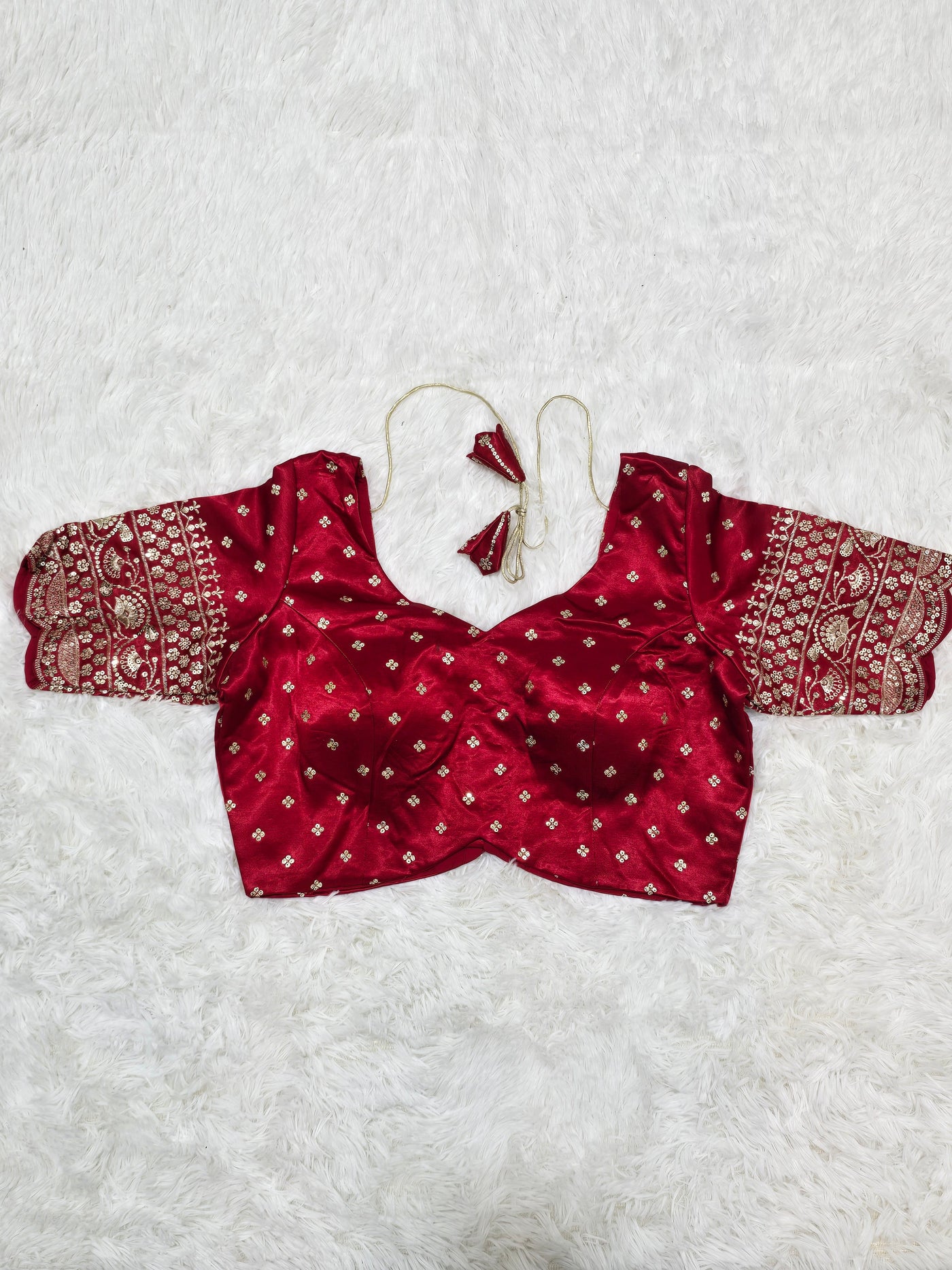 Deep Red Embroidered Silk Readymade Blouse – Leaf Neck Design with Zari & Sequin Work Sleeves