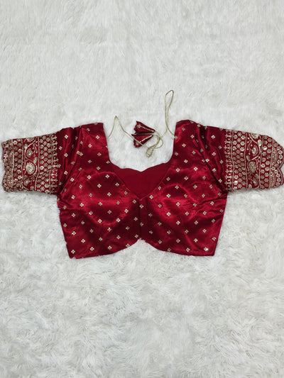 Deep Red Embroidered Silk Readymade Blouse – Leaf Neck Design with Zari & Sequin Work Sleeves
