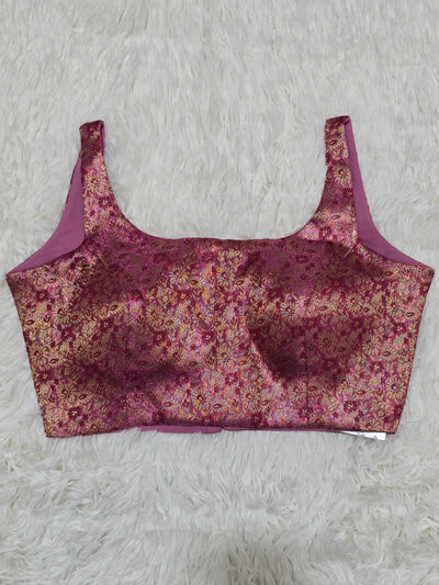 Magenta Woven Silk Readymade Blouse – Scoop Neck Design with Gold Zari Floral Weaving