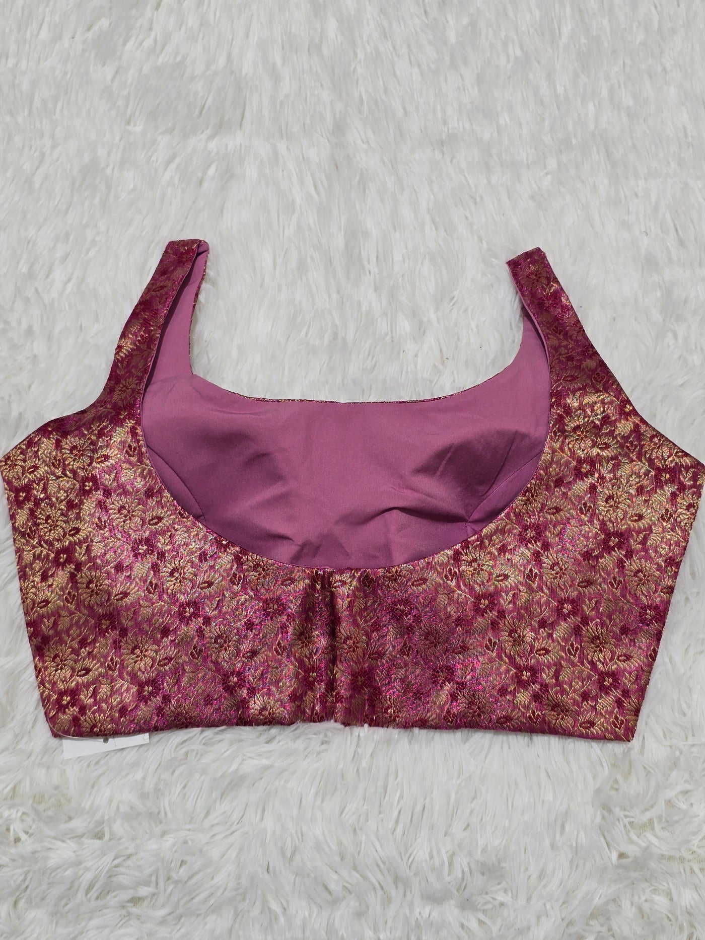 Magenta Woven Silk Readymade Blouse – Scoop Neck Design with Gold Zari Floral Weaving
