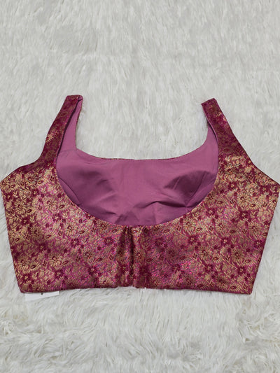 Magenta Woven Silk Readymade Blouse – Scoop Neck Design with Gold Zari Floral Weaving