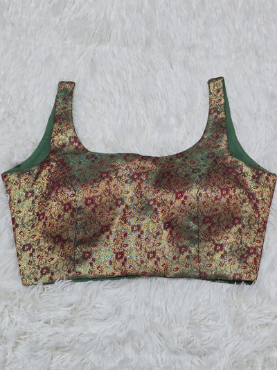 Green Woven Silk Readymade Blouse – Scoop Neck Design with Red & Gold Zari Floral Work