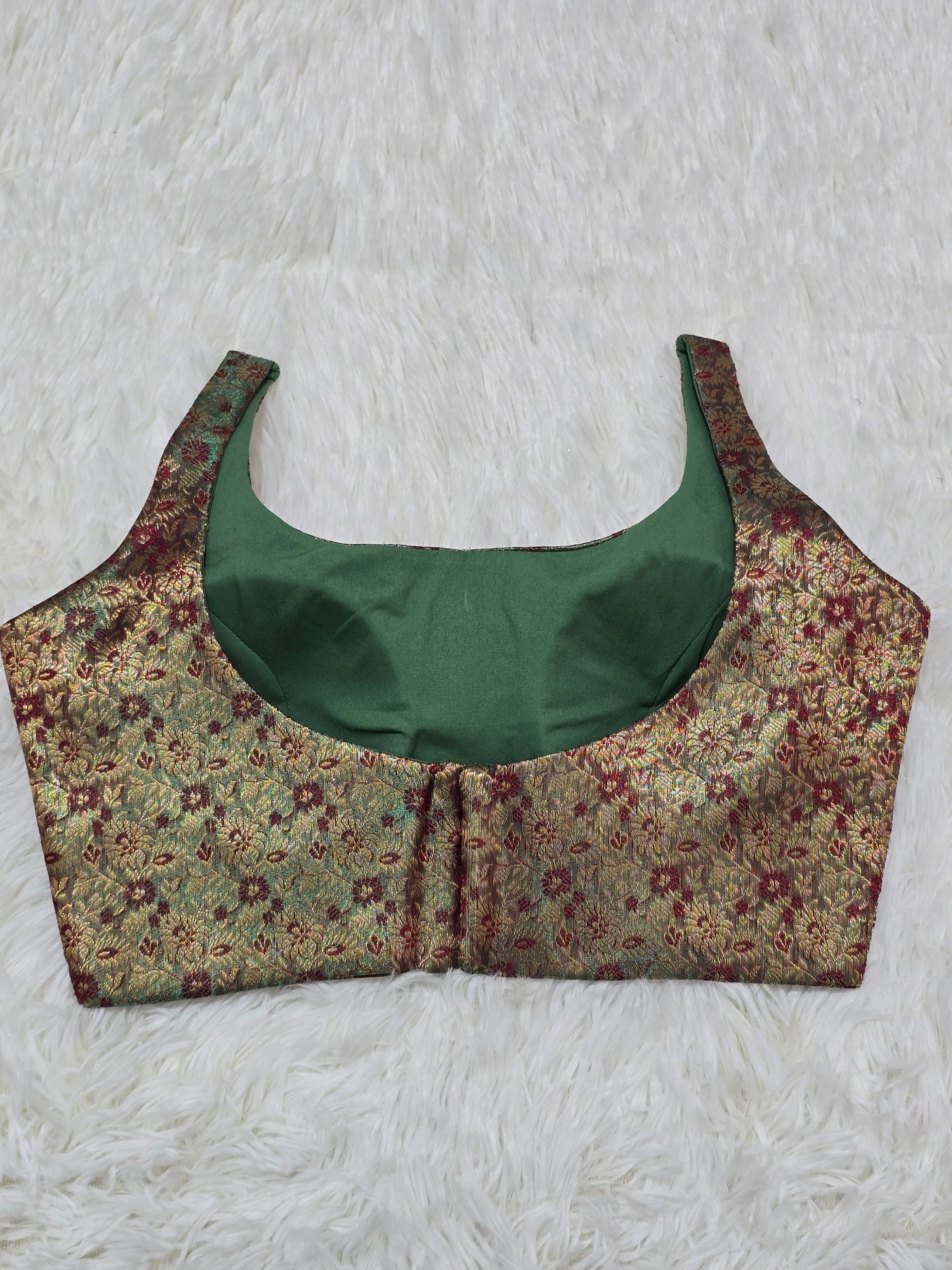 Green Woven Silk Readymade Blouse – Scoop Neck Design with Red & Gold Zari Floral Work