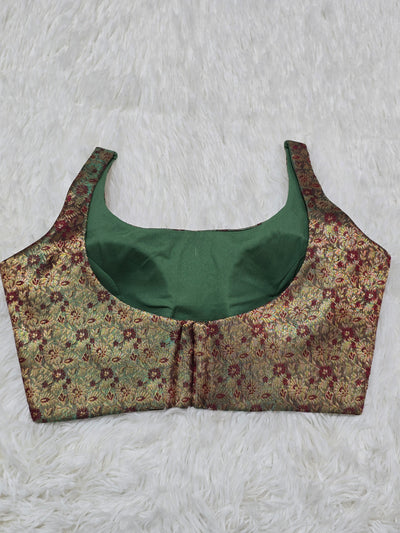 Green Woven Silk Readymade Blouse – Scoop Neck Design with Red & Gold Zari Floral Work