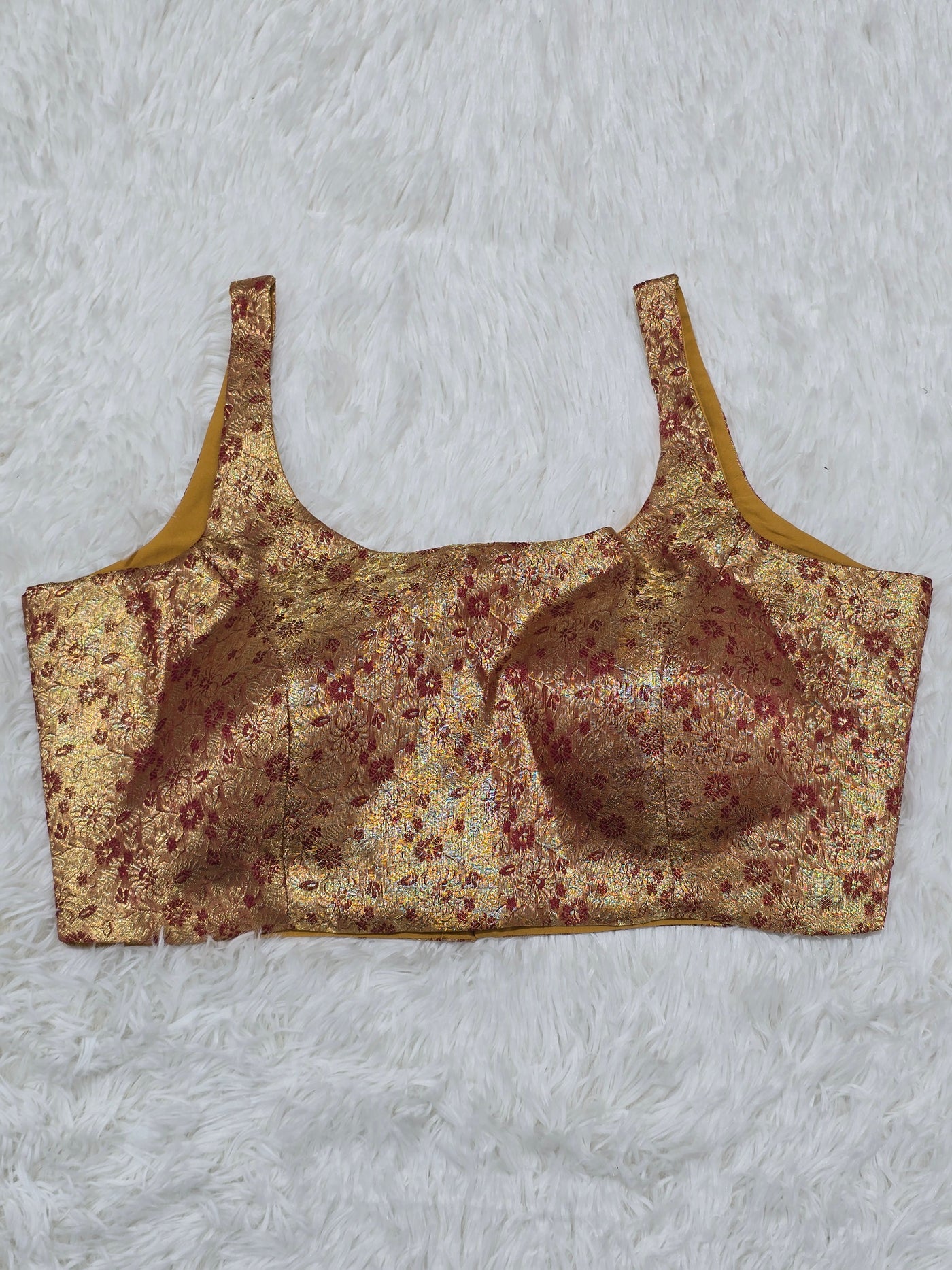 Golden Yellow Woven Silk Readymade Blouse – Scoop Neck Design with Red Zari Floral Weaving