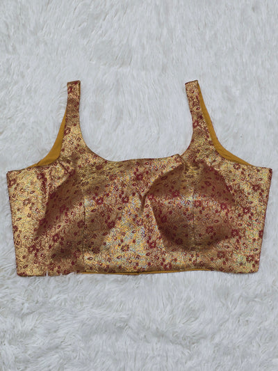 Golden Yellow Woven Silk Readymade Blouse – Scoop Neck Design with Red Zari Floral Weaving