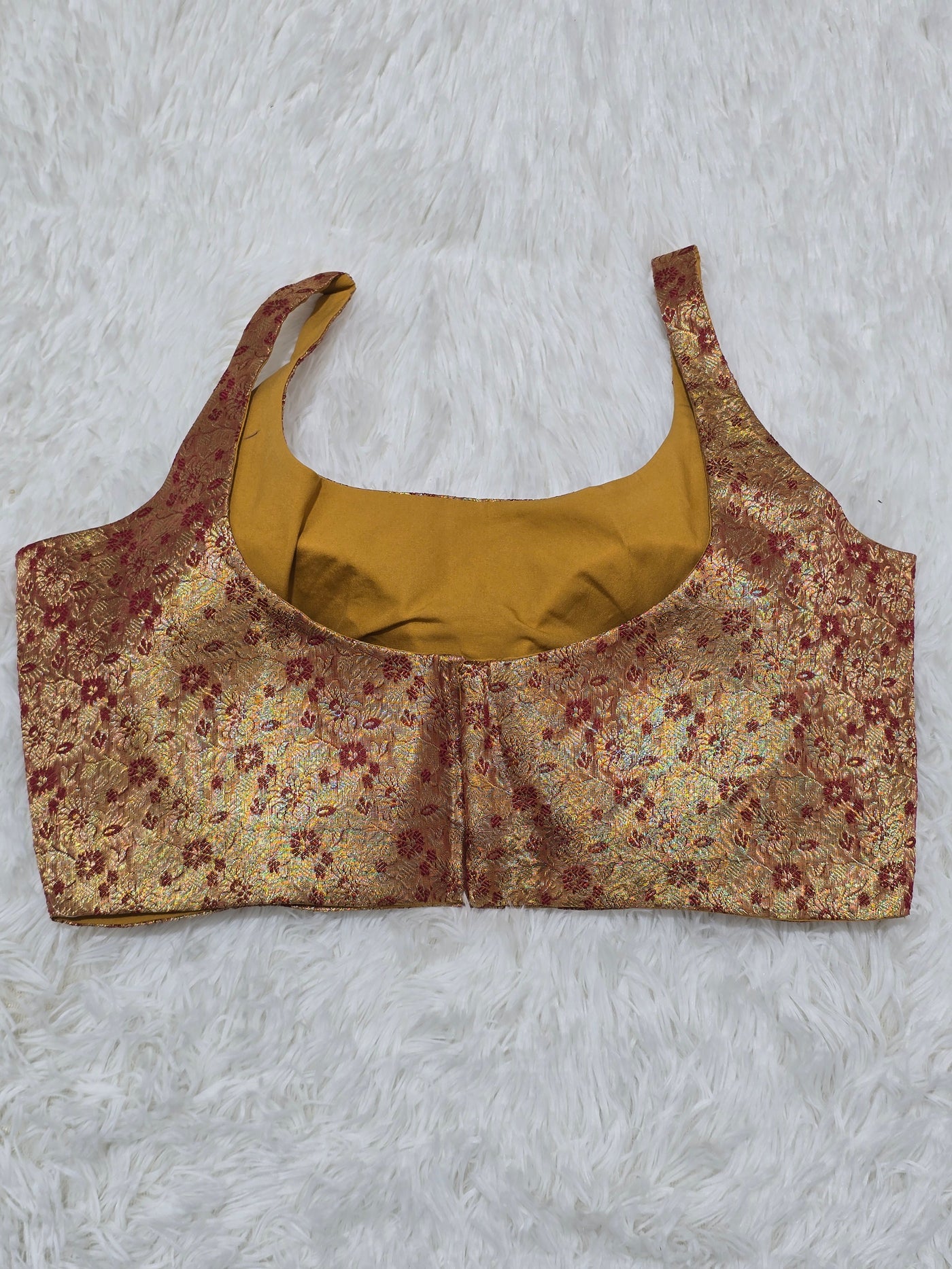 Golden Yellow Woven Silk Readymade Blouse – Scoop Neck Design with Red Zari Floral Weaving