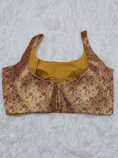 Golden Yellow Woven Silk Readymade Blouse – Scoop Neck Design with Red Zari Floral Weaving