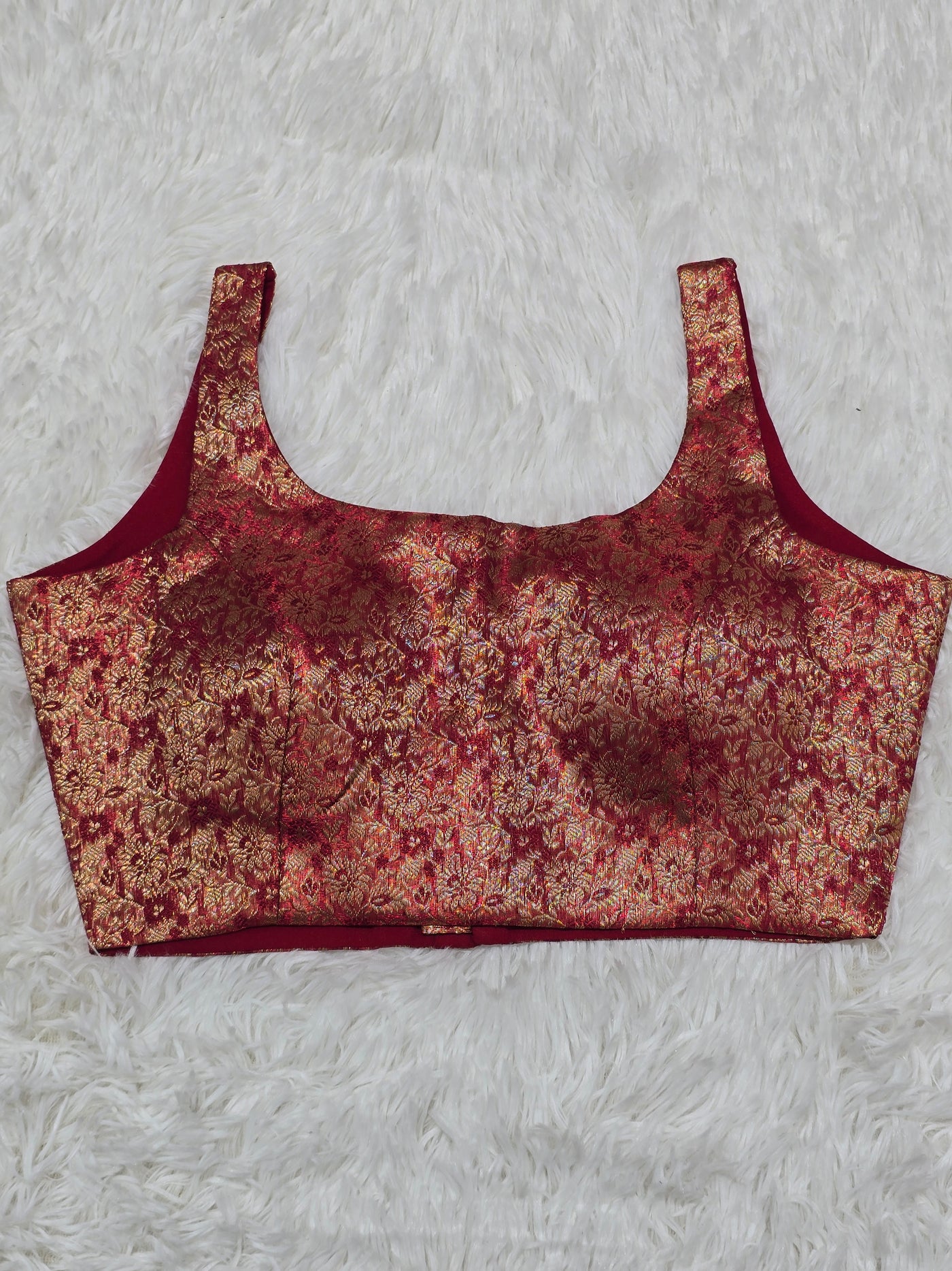 Deep Red Woven Silk Readymade Blouse – Scoop Neck Design with Rich Gold Zari Work