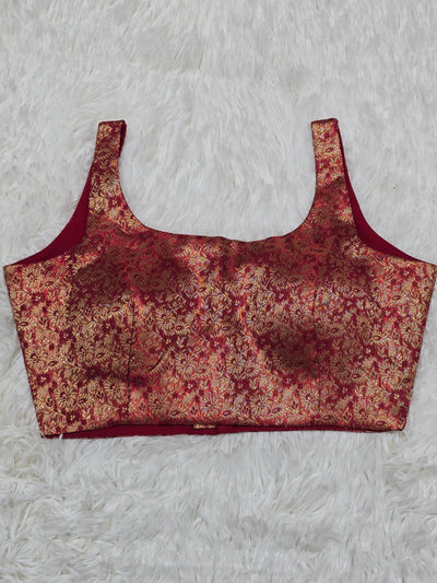 Deep Red Woven Silk Readymade Blouse – Scoop Neck Design with Rich Gold Zari Work