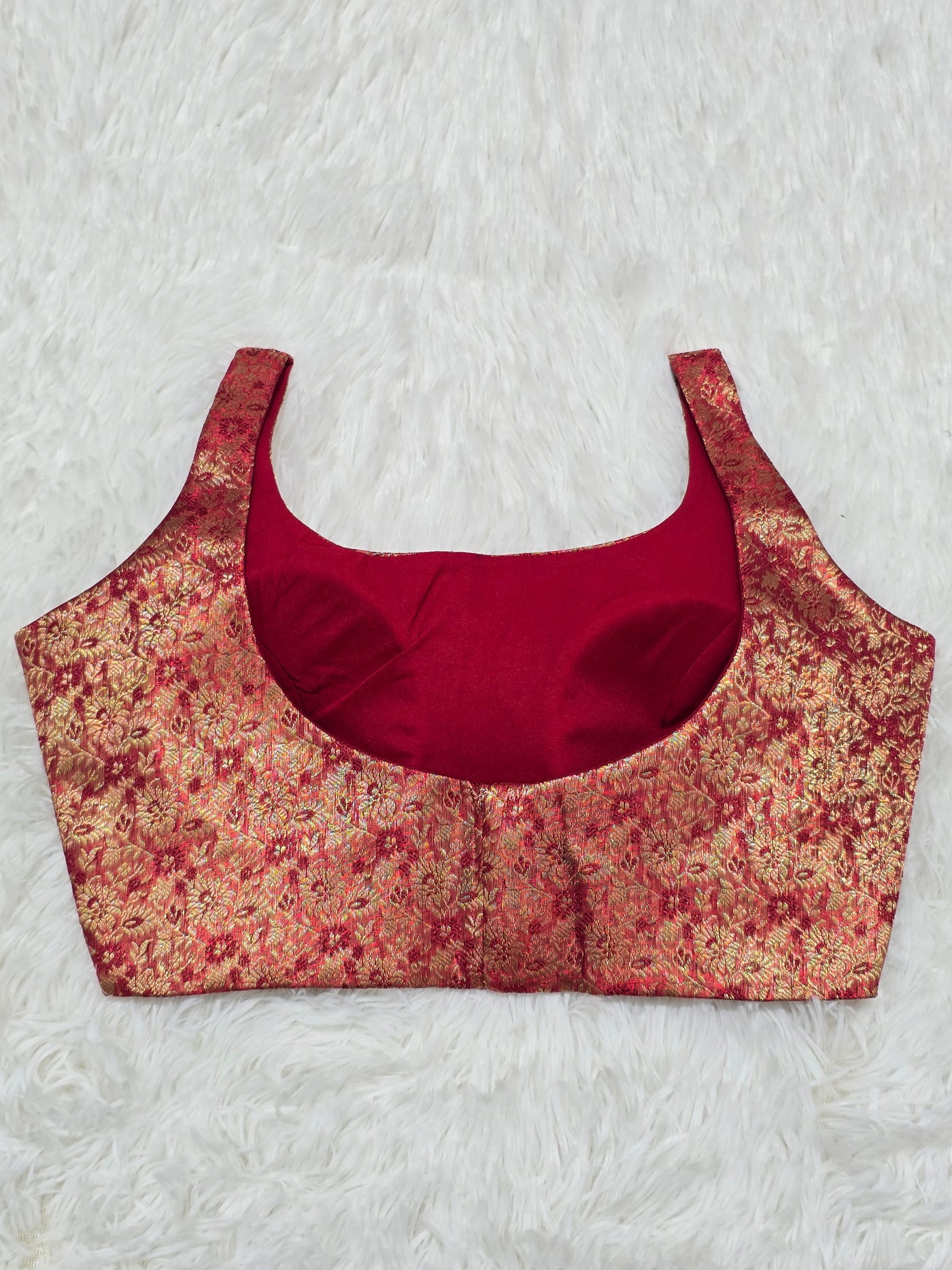 Deep Red Woven Silk Readymade Blouse – Scoop Neck Design with Rich Gold Zari Work