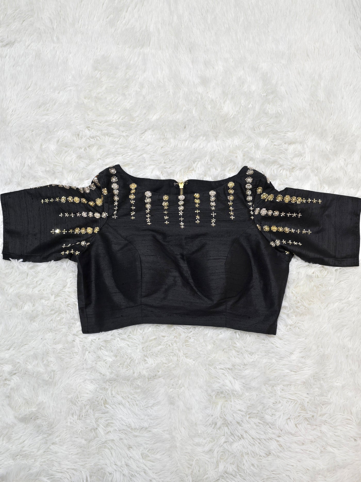 Black Silk Boat Neck Readymade Blouse – Maggam Work Design with Elbow Sleeves and Back Zip Closure