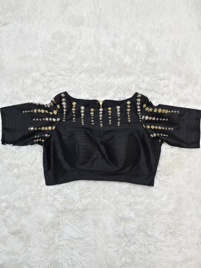 Black Silk Boat Neck Readymade Blouse – Maggam Work Design with Elbow Sleeves and Back Zip Closure