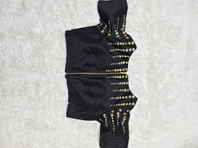 Black Silk Boat Neck Readymade Blouse – Maggam Work Design with Elbow Sleeves and Back Zip Closure