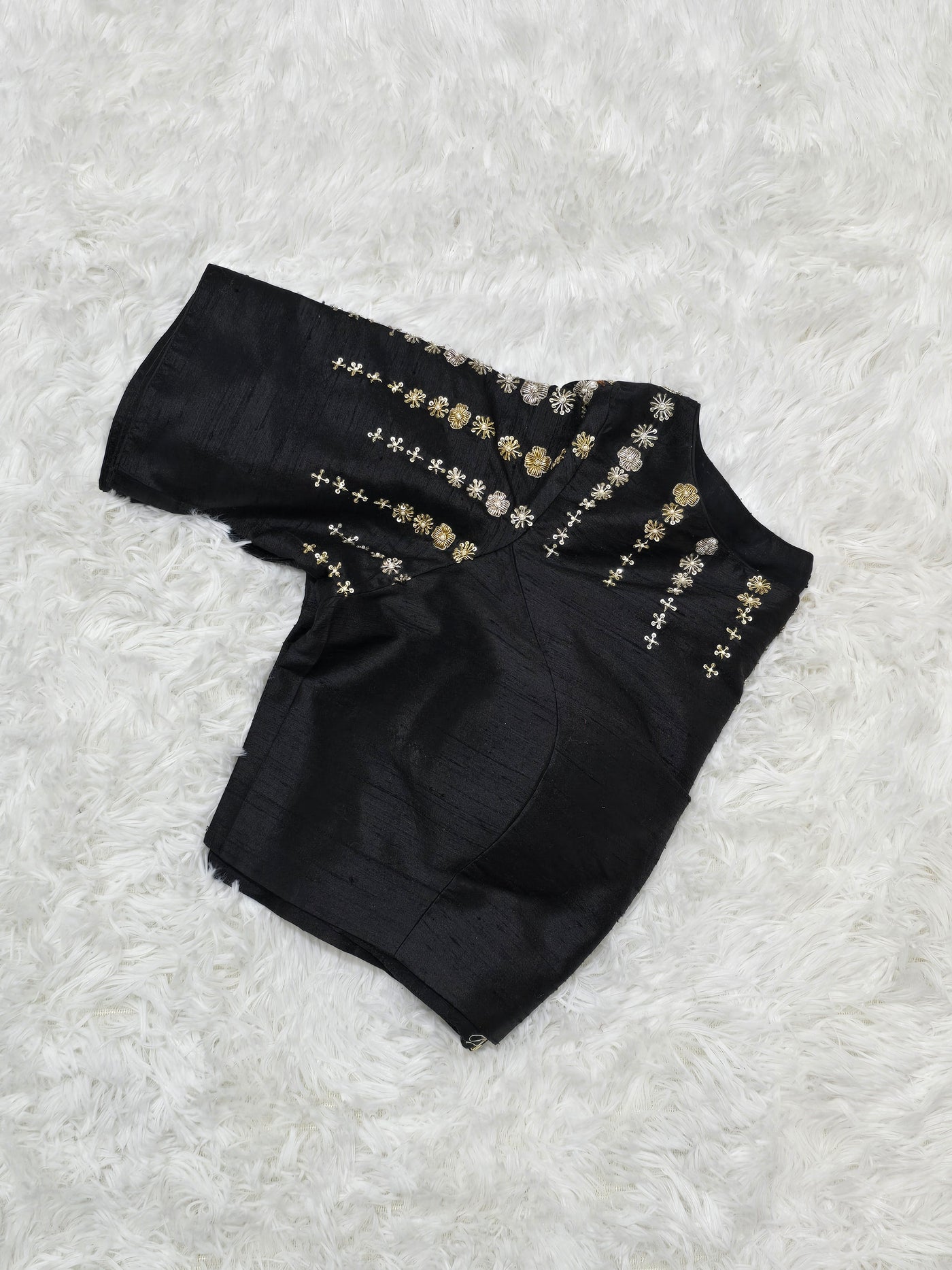 Black Silk Boat Neck Readymade Blouse – Maggam Work Design with Elbow Sleeves and Back Zip Closure