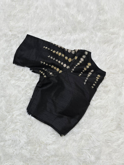Black Silk Boat Neck Readymade Blouse – Maggam Work Design with Elbow Sleeves and Back Zip Closure