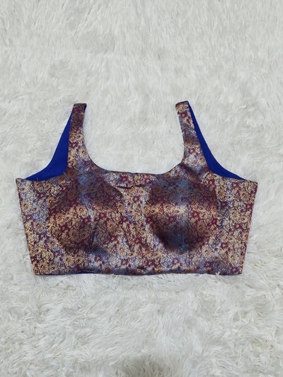 Maroon & Royal Blue Woven Silk Readymade Blouse – Scoop Neck Design with Gold Zari Highlights