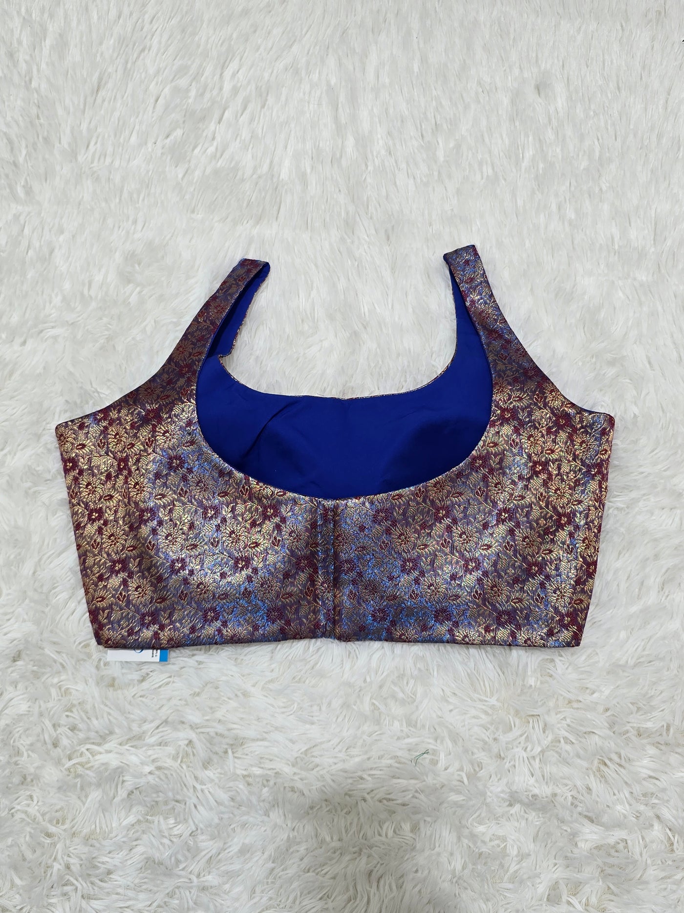 Maroon & Royal Blue Woven Silk Readymade Blouse – Scoop Neck Design with Gold Zari Highlights