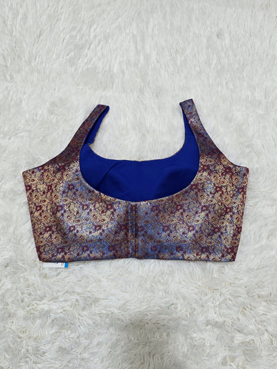 Maroon & Royal Blue Woven Silk Readymade Blouse – Scoop Neck Design with Gold Zari Highlights