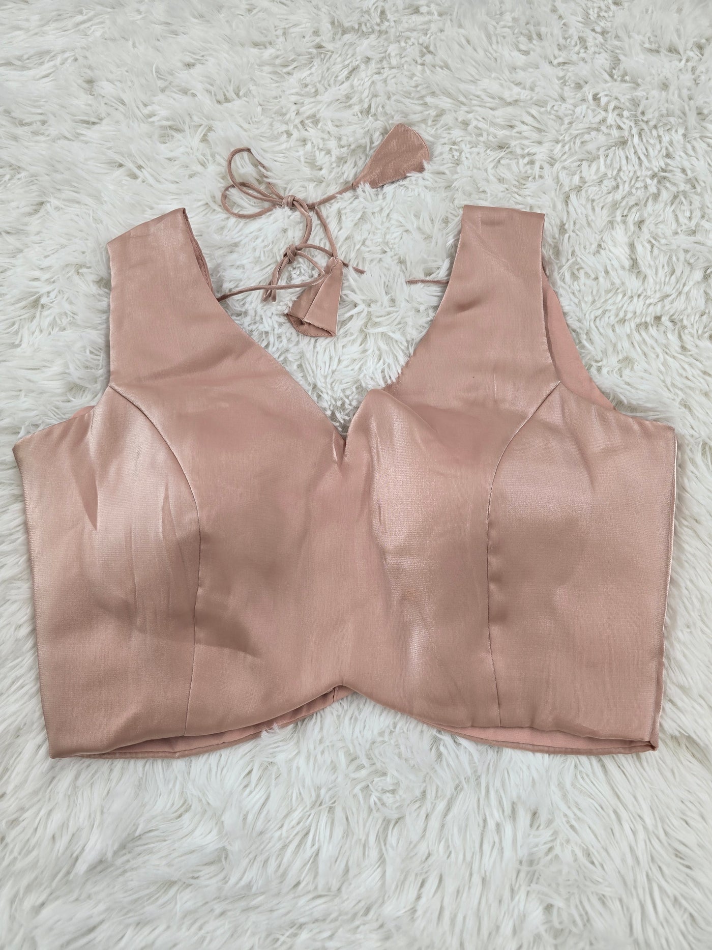 Peach Pink Satin Readymade Blouse – Deep V-Neck Back Open Design with Tie Tassels