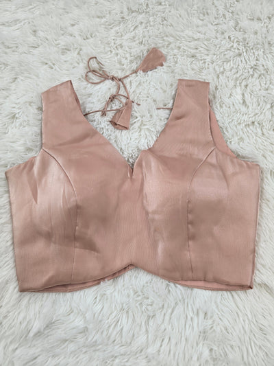 Peach Pink Satin Readymade Blouse – Deep V-Neck Back Open Design with Tie Tassels