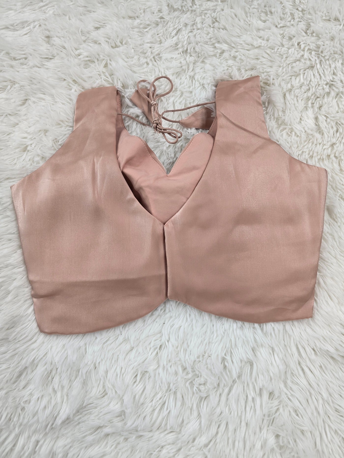 Peach Pink Satin Readymade Blouse – Deep V-Neck Back Open Design with Tie Tassels