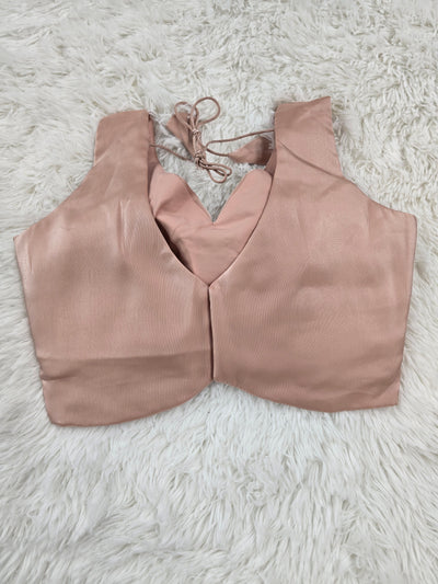 Peach Pink Satin Readymade Blouse – Deep V-Neck Back Open Design with Tie Tassels