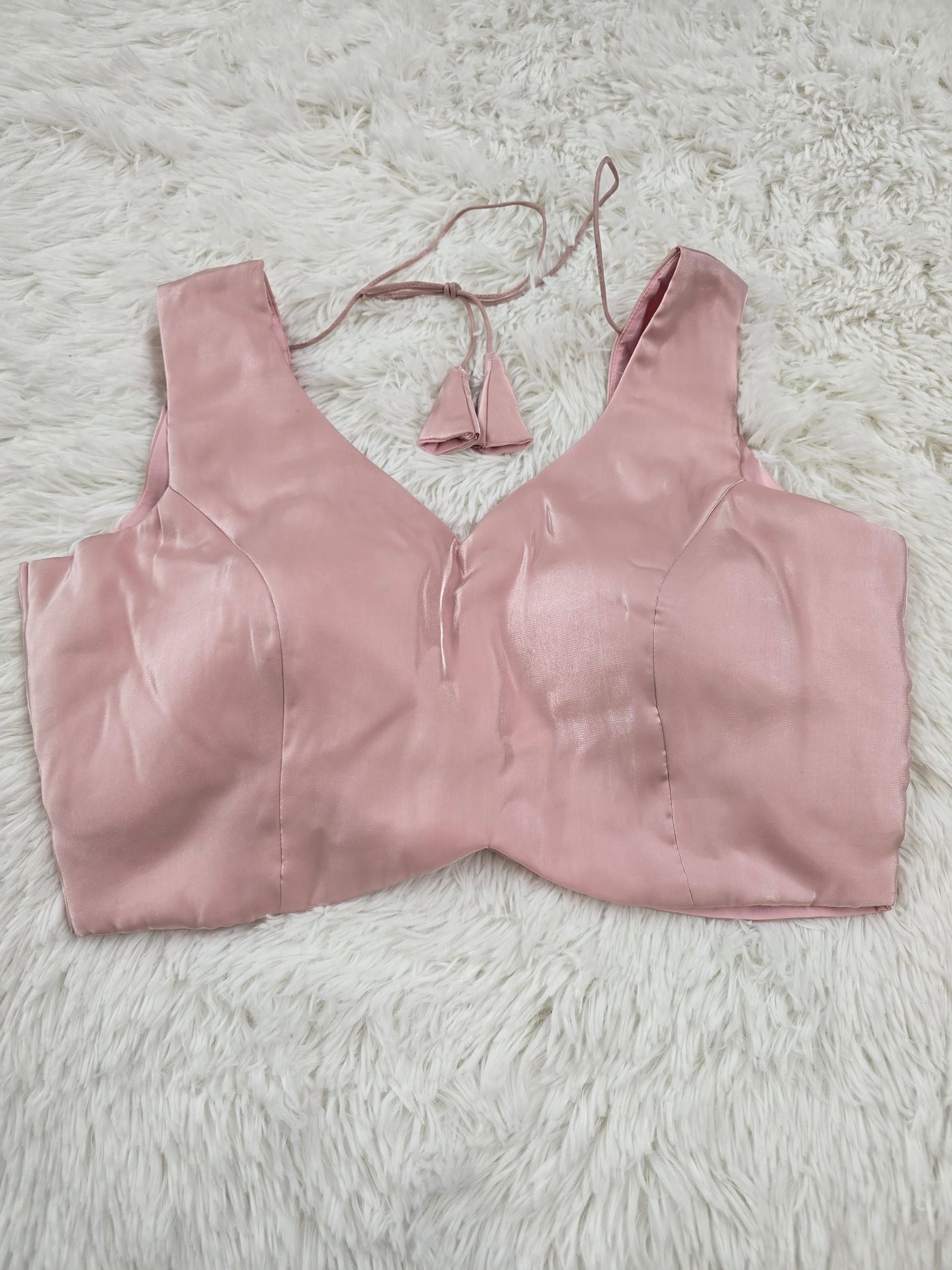 Light Pink Satin Readymade Blouse – Deep V-Neck Design with Back Tie Tassels