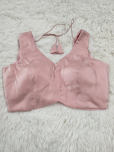 Light Pink Satin Readymade Blouse – Deep V-Neck Design with Back Tie Tassels